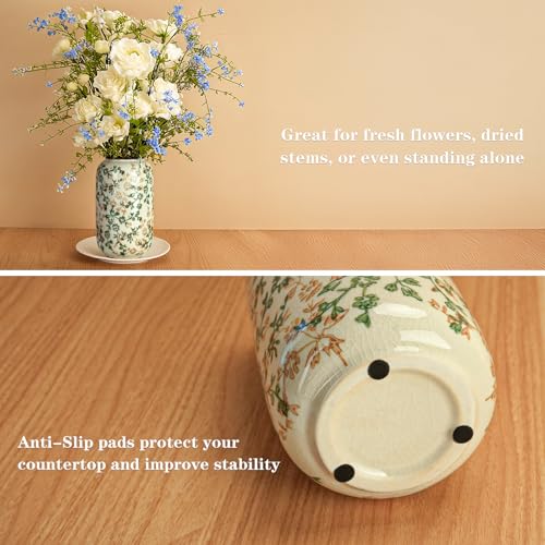 Ceramic Vase for Flowers – Modern Small Ribbed Textured Flower Vase for Home Decor, Pampas Grass, Decorative, Farmhouse, Coffee Table, Kitchen Centerpieces, Bookshelf and Home Living (Ice Crack Beige) - color: Ice Crack Beige