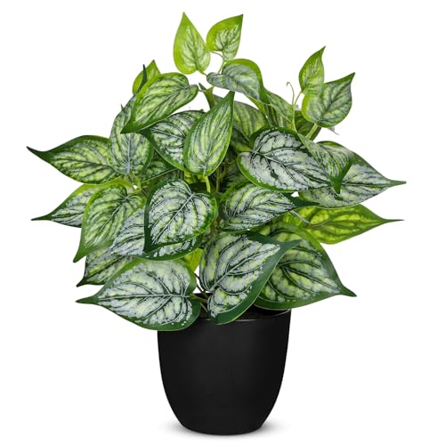 Villa Como 14.5" Artificial Plants Indoor Home Decor, Fake Potted Silk Plants for Shelves Living Room Decorative, Small Artificial Office Desk Plant in Pots, Faux Potted Greenery Tropical House Plant - color: #Green Mix White