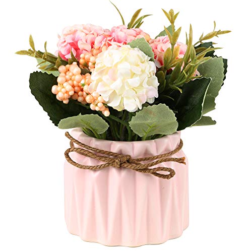 SUPNIU Artificial Hydrangea Bouquet with Small Ceramic Vase Fake Silk Variety Flower Balls Flowers Decoration for Table Home Party Office Wedding (White) - color: White