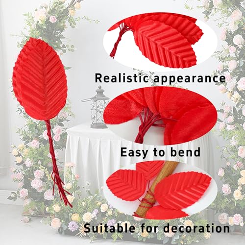 pson 200PCS 10cm Artificial Silk Leaves with Wired Stems for Crafts, Bouquet Wreaths, Wedding Decor, Party Decorations(Red) - color: Red