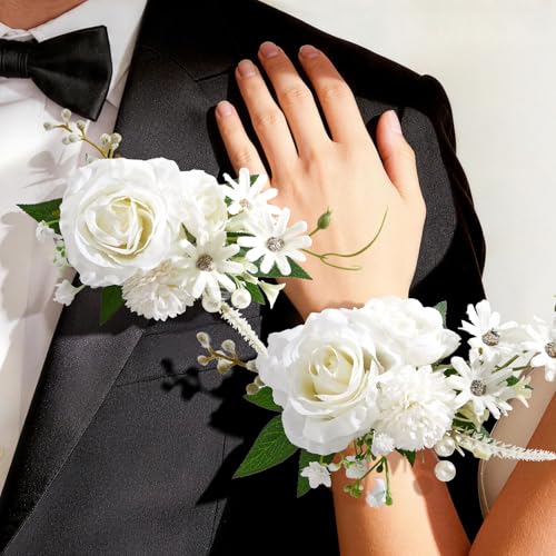 White Rose Boutonniere and Wrist Corsages for Wedding(Set of 2)，Prom Corsage for Bridesmaid Mother Grandmother, Artificial Flowers for Homecoming Party Anniversary Graduation Decor - color: Bright White, size: 1 Corsage & 1 Boutonniere