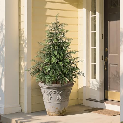 3FT Soft Textured Cedar Topiary Trees for Front Porch Decor, Artificial Shrubs Faux Plants Potted UV Resistant Fake Greenery for Outdoor Indoor Door Garden Farmhouse Home Decoration (Set of 2) - size: 3FT