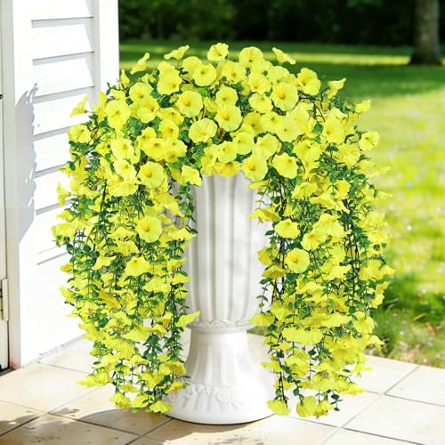 Artificial Hanging Flowers for Outdoors, 2PCS 300 Blooms UV Resistant Morning Glory Vine Fake Flowers with Eucalyptus, Realistic Silk Faux Hanging Plants Spring Summer Decorations for Outside(Yellow) - color: Yellow, size: 2PCS