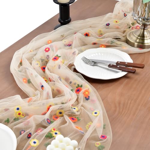 Joanlody 3pcs Champagne Summer Flower Table Runner 10ft Embroidery Daisy Floral Seasonal Tulle Table Runner for Home Garden Tea Party Holiday Birthday Decoration - color: Champagne, size: 10ft x 3pack