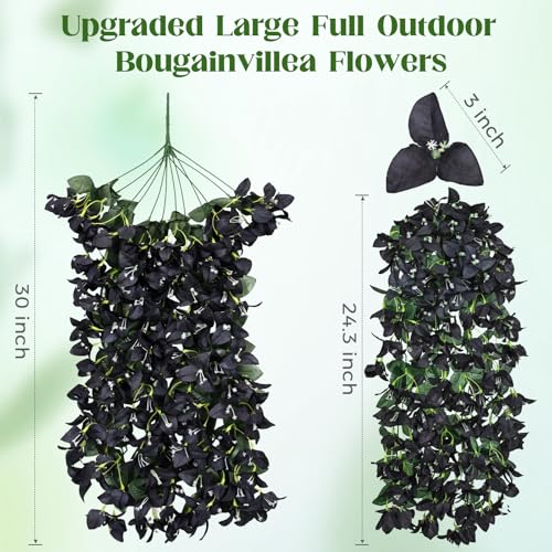 2 Pcs Artificial Flowers for Outdoors, Black Realistic Faux Silk Bougainvillea Flowers, Fake Hanging Plants for Porch Patio Balcony Decoration (Black) - color: Black, size: 2 Pcs