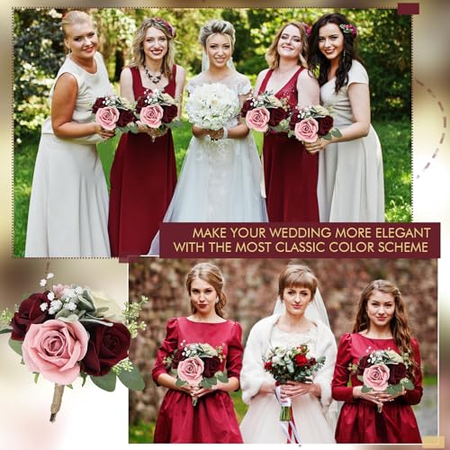 Set of 6 Artificial Bridesmaids Bouquets for Wedding -7 Inch Bridesmaid Bouquet Blush & Burgundy Silk Rose Pre-made Small Wedding Flowers for Bridal Shower Centerpieces Ceremony & Anniversary - color: Blush & Burgundy, size: 6pcs Bouquets