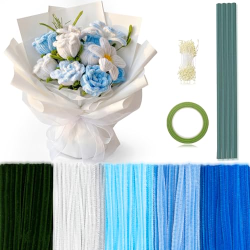 Peryiter 371 Pcs Pipe Cleaners Flowers Kit, Pipe Cleaners Chenille Stems Bulk with Floral Wire Gardening Tape Stamen, Fluffy Limpiapipas para Flores for DIY Mother's Day Decor(Blue & Green) - color: Blue & Green