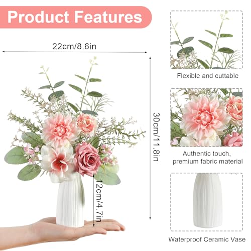 Small 11" Artificial Flowers in Ceramic Vase - Pink Silk Flower Centerpiece for Dining Table, Office, Wedding & Farmhouse, Home Decor Gifts - color: Pink