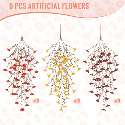 Hrobek Fake Fall Hanging Flowers Artificial for Outdoor Decoration, 9pcs | Long Vine Morning Glory, Realistic Faux Petunias for Patio Porch Garden, Orange Brown Yellow - color: Brown Orange Yellow
