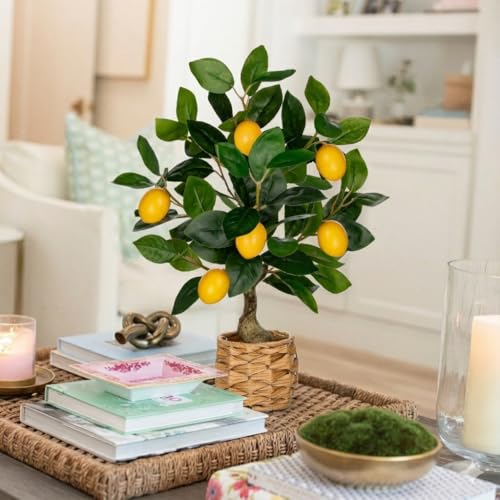 Oairse Artificial Potted Plants 17.3 inches Small Fake Lemon Tree Artificial Lemons Citrus Tree with Woven Pot Faux Plants Indoor Lemon Decorations for Home,Office, Living Room Table, Desk - style: Woven Pot