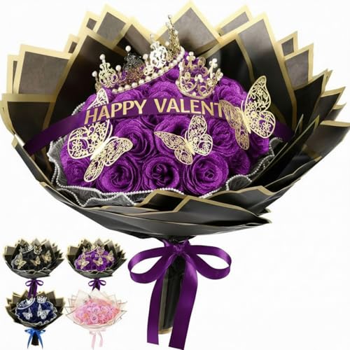 Thiccywoov 36 Pcs Glitter Roses Bouquet Graduation Artificial Rose DIY Flower Bouquet Kit Flower Wrapping Paper 3D Butterflies Crowns for Mom Mother Teacher Birthday (Purple) - color: Purple