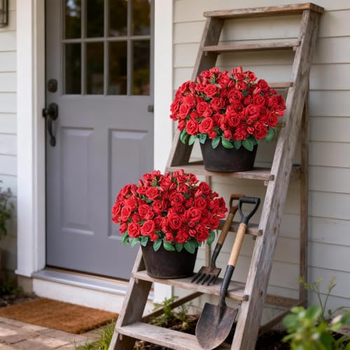 Juxdp 2 Set of Artificial Rose Topiary Trees - Faux Silk Flower Potted Plant, UV Resistant Fake Outdoor Rose Bush for Front Door, Farmhouse, Porch, Garden Decor (Red) - color: Red