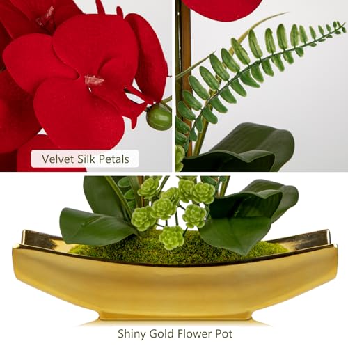 Briful Orchid Artificial Flowers 17" Silk Red Orchid Floral Arrangement with Gold Pot Real Touch Faux Orchid Plant for Home Office Room Kitchen Table Centerpiece Shelf Decor - color: Red Gold
