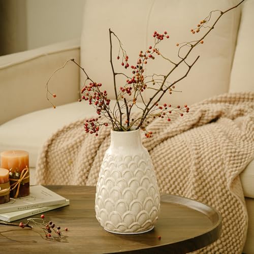 Ceramic Flower Vase, 9.06” Rustic Farmhouse Decorative Vase for Home Decor, Beige Textured Pottery Vase for Pampas Grass, Living Room, Entryway, Mantel, Kitchen Table, Centerpiece - color: 401-white