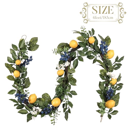 Valery Madelyn 6ft Artificial Lemon Garland for Mantel Summer Decor(Thick) | Faux Lemons Eucalyptus & Blueberry Summer Garland with Lights for Stairs Table Fireplace Farmhouse Kitchen Home Decor - size: Large