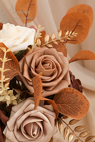 Floroom Artificial Flowers 25pcs Real Looking Earth Tones Ombre Colors Foam Fake Roses with Stems for DIY Wedding Bouquets Bridal Shower Floral Centerpieces Party Tables Home Decorations - color: Shades of Earth Tones