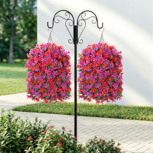 Hoppwodd Artificial Flower for Outdoors 4pcs Fake Lily Hanging Flower Baskets for Outside UV Resistant Silk Faux Long Trailing Vines for Garden Porch Patio, Fuchsia & Red - color: Fuchsia & Red