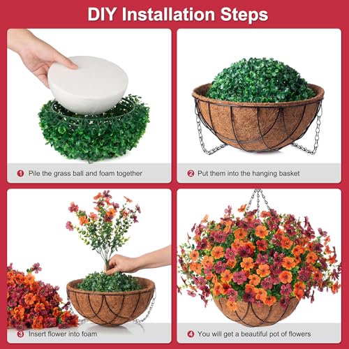INXUGAO Artificial Silk Flowers Hanging Baskets for Outdoors Indoors, Daisy with Eucalyptus Leaves Arrangement for Garden Yard Decor, Faux Green Plant in Metal Coconut Lining Flowerpot(Orange Brown) - color: Orange Brown