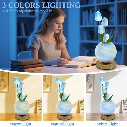 Tulip Table Lamp, Rechargeable Cordless Touch Dimming Artificial Tulip Flower Desk Lamp, LED Flower Bedside Night Light Romantic Gifts for Girl Women Mom (Blue) - color: Blue