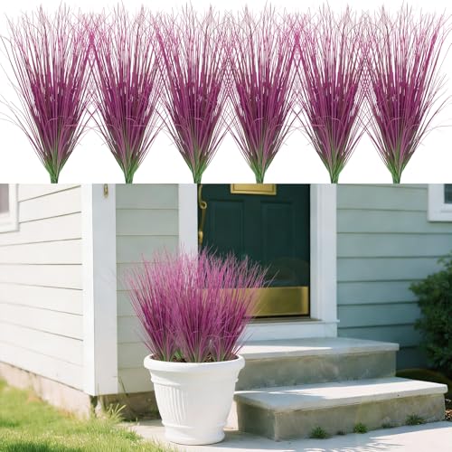24 Bundles Artificial Grass Plants Outdoor Tall Faux Shrubs Greenery Stems Fake Onion Grasses Wheat UV Resistant for Outside Garden Indoor Office Home Decor（Pink） - color: Pink, size: 24Pcs