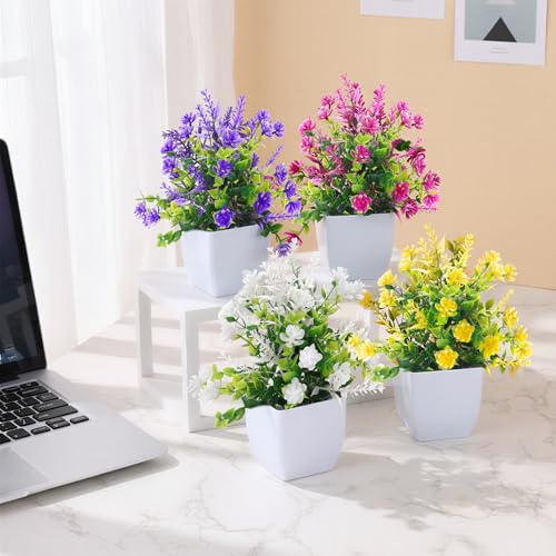 CEWOR Fake Flowers 4 Packs Faux Potted Flower Lavender with Eucalyptus Flowers Small Decorations for Spring Desk Bathroom Office Home Room Table Decor Indoor Outdoor - color: Purple Fuchsias Yellow White