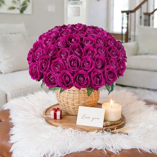 50 PCS Roses Artificial Flowers, Fake Roses with Stem Realistic Magenta Silk Roses for DIY Wedding Bouquets Table Centerpieces Arrangements Baby Shower Birthday Home Decor Valentine's Day Gift for Her - color: Magenta