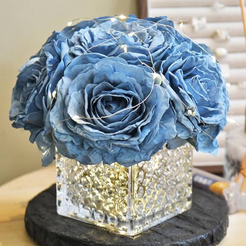 Artificial Rose in Glass Vase Vintage Silk Flower Arrangement with LED Light for Table Centerpiece Home Wedding Decoration (Dusty Blue) - color: Dusty Blue