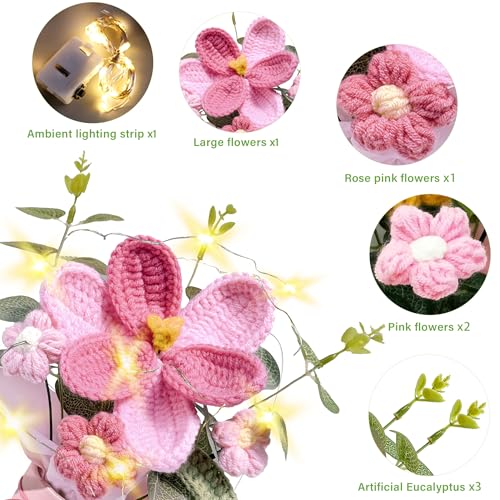 Vynora Crochet Daisy Flowers Bouquet, Handmade Daisy Artificial Flowers with Card for Mother's Day, Birthday, Wedding, Home Decor, Teacher's Day, Grandma Bday Gift (Pink-1) - color: Pink-1