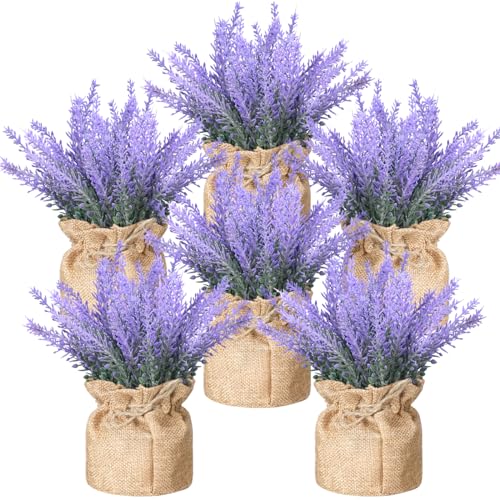 6 Pack Fake Lavender Plant Small Artificial Lavender Flowers Decor Burlap Bag Rustic Plant Potted for Kitchen Farmhouse Home Bedroom Wedding Table Country Indoor Decor