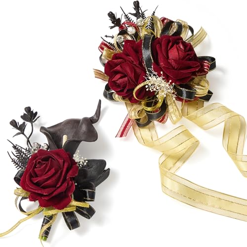 Serwalin Burgundy Prom Corsage and Boutonniere Set, Artificial Calla Lily Red Rose Wrist Corsage Wristlet for Wedding, Homecoming, Formal Dance, Party Flowers Accessories Suit Decorations - color: Black Burgundy
