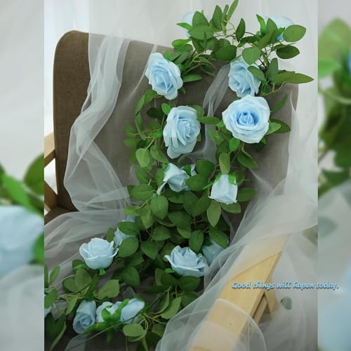Felice Arts 2 Pack Light Blue Artificial Floral Garland Each 6.5FT Fake Rose Vine Hanging Spring Garland for Wedding Flowers Table Arrangement Room Teepee Mirror Decor - color: Lightblue