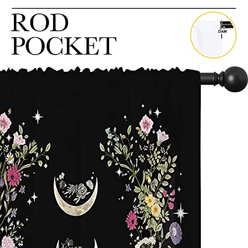 Boho Floral Wildflower Rod Pocket Blackout Curtains for Boy Girl Bedroom,Retro Moon Phase Moonlit Garden Witchy Gothic Aesthetic Thermal Insulated Home Window Drapes for Living Room Darkening,42x45in - color: Boho Floral Wildflower-004, size: 42"W x 45"L