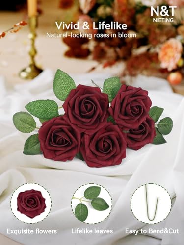 N&T NIETING Artificial Flowers,25Pcs Real Touch Fake Flowers Foam Roses with Stems Perfect DIY Wedding Bouquets Centerpieces Bridal Shower Party Home Flower Arrangement Tables Decorations,Dark Red - color: Dark Red, size: 25pcs