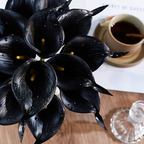 Artificial Calla Lily 12Pcs Black Real Touch Faux Flowers for Wedding Bouquet, Bride Bridal Shower, Spring Home Kitchen Table Decor, Fake Lilies for Centerpieces, Party Decorations - color: Balck