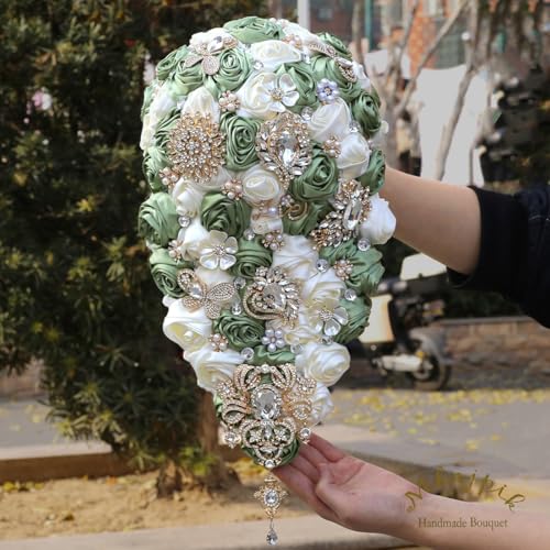 Luxury Cascade Bridal Wedding Bouquet Satin Rose Waterfall Holding Bouquet Artificial Flower Bunch for Bride Bridesmaid(Sage Green & Ivory, 15" x 7.5") - color: Sage Green & Ivory, size: 15"L x 7.5"W(38cm x 19cm)