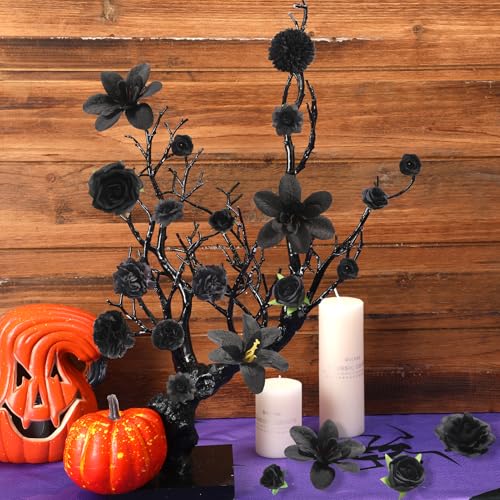 rongflower Fake Flower Heads for Crafts - Black Silk Artificial Roses, Peonies, Daisies & Floral Heads (48-Pack) for Wedding Decor, Graduation Caps, Baby Showers, Halloween Decor, and Home Decoration - color: Black
