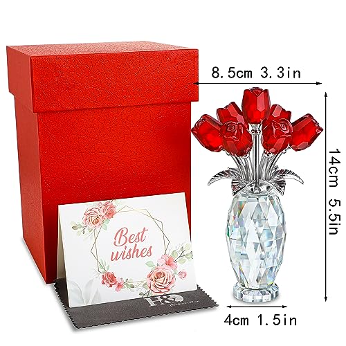 H&D HYALINE & DORA Crystal Rose Flower Figurine,Glass Flower Bouquet Ornament,Glass Rose Gift for Christmas Mother's Day Valentine's Wedding Party - color: Red 1