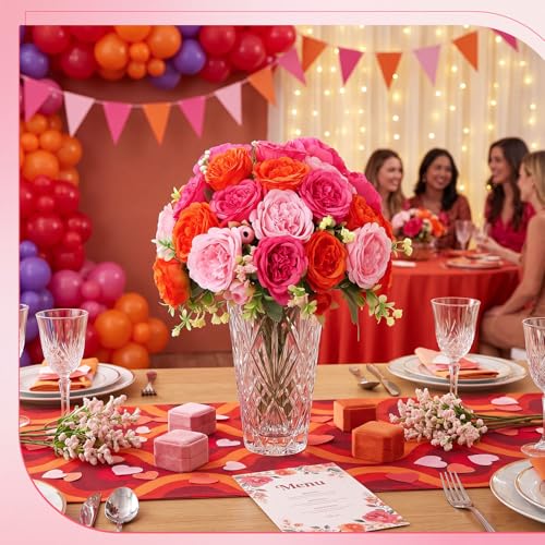 Geosar 8 Bundles Artificial Peonies Flowers Fake Silk Peony Bouquet Faux Peonies Flowers Bulk for Decoration Vase Floral Arrangements Wedding Party Table (Pink,Orange) - color: Pink, Orange