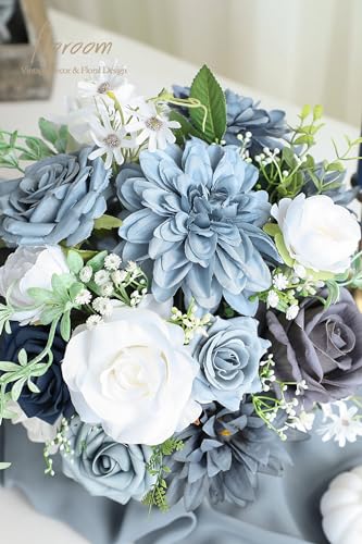 Floroom Dusty Blue Navy Artificial Flowers Fake Roses Peonies Dahlias and Greenery Combo Box Set for DIY Wedding Bouquets Bridal Shower Centerpieces Floral Arrangements Party Tables Home Decorations - color: Serene Dusty Blue