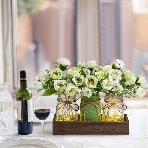 3 Pcs Mason Jar Centerpiece Table Decorations for Dining Farmhouse Coffee Table Decor with Wood Tray and Led Light Table Centerpieces for Dining room Kitchen Living Bathroom,Green - color: Green