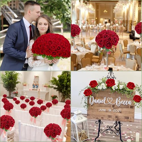 Waipfaru Red Roses Artificial Flowers Bulk, Real Touch Velvet Roses with Wrapping Paper, 50 Pcs Fake Flowers for Wedding Centerpieces Bridal Bouquet Valentines Mothers Day Graduation Decor - color: Red, size: 50 Pcs