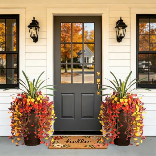 8 PCS Fall Artificial Morning Glory Flowers for Outdoors+Ochid Fake plants | UV Resistant Weatherproof for Indoor Outdoor Garden Patio Window Box Home Decor - color: Orange Brown Yellow Yellow-edged Leaf