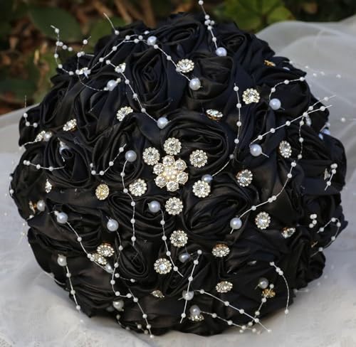 Ujicde Romantic Wedding Bouquet Bridal Bridesmaid Round Bling Brooch Bouquet Throw Toss Artificial Rose Flower Bunch with Sparkle Rhinestone Crystal Decoration(Black,Dia. 6.3"*16cm) - color: Black, size: Dia. 6.3"*16cm