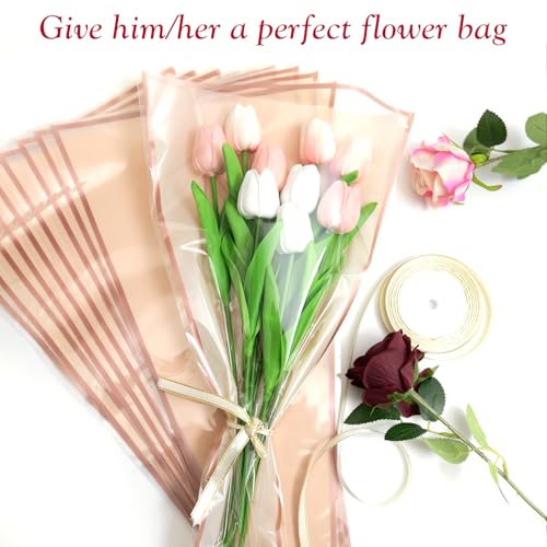 Wzifyf 50 PACK Flower Bags for Bouquets Flower Bouquet Holders Rose Gold Floral Wrapping Paper flower Sleeves Build Your Own Bouquet Bar with 72 Ft Ribbons for Valentine's Day Packaging Supplies - color: Rose Gold, size: bouquet wrap