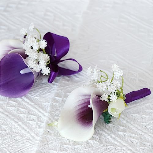 2PCS Calla Lily Boutonniere for Men Wedding with Pins, Artificial Purple Calla Lily Groom Groomsman Boutonniere Corsage Flower for Wedding Ceremony Anniversary Prom Party Suit Decor - color: Calla Lily Boutonniere Pack of 2