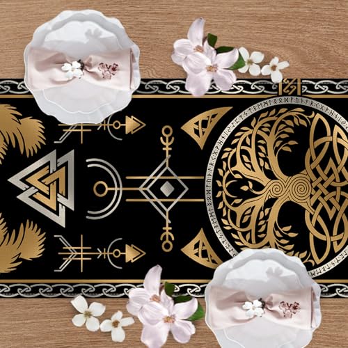 Viking Tree of Life Pagan Dining Table Runner, Vintage Black Gold Raven Birds Celtic Style Nordic Medieval Burlap Kitchen Decoration, Retro Indoor Outdoor Home Decor Party Supply 13 x 120 Inches - color: Viking Tree, size: Table Runner 13''X120''