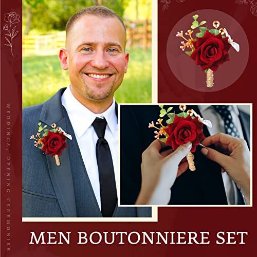 Sherr 12 Pcs Boutonniere for Men Wedding Flower Boutonniere Rose Corsage Set with Pin for Groom Groomsmen Prom Western Wedding Anniversary Dinner Fall Party Decor(Burgundy) - color: Burgundy