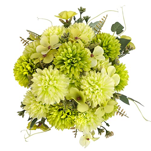 Jim's Cabin Artificial Chrysanthemum Ball Flowers - 3pcs Realistic Silk Flower with Stems&Leaves for Wedding, Party, House Decoration, Table Centerpieces Flowers - color: Dark Green&light Green