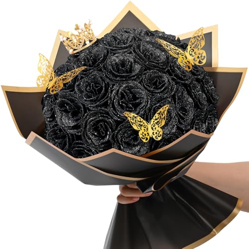 Waipfaru Black Glitter Roses Bouquet, DIY Flowers Bouquet, Birthday Gifts for Women Mom Grandma Wife Girlfriend, 36 Pcs Fake Rose for Valentines, Mothers Day, Anniversary, Graduation Gifts - color: Black, size: 36pcs