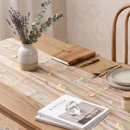 White Floral Table Runner 10ft Embroidery Tulle Spring Wildflower Table Runner Seasonal Summer Butterfly Kitchen Dining Gauze Decoration for Baby Shower Wedding Party Birthday (1 Pcs) - color: White